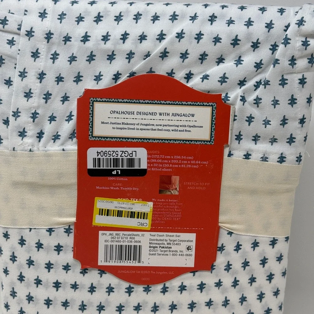 Opalhouse Jungalow Twin XL Percale Sheet Set Teal Dash White Cotton 3pc
